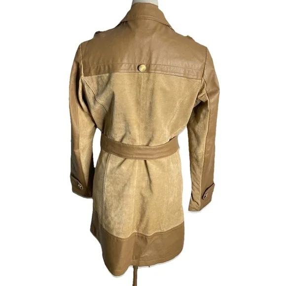 Iman Brown Leather Suede Jacket Trench Coat Belted 70s‎ Boho Hippie Small - Picture 3 of 4